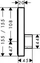 Unterputzarmatur von Hansgrohe für Dusche mit zwei Ausgängen. Abmessungen der Armatur in einem schematischen Diagramm dargestellt, inklusive Detailangaben und Maße.